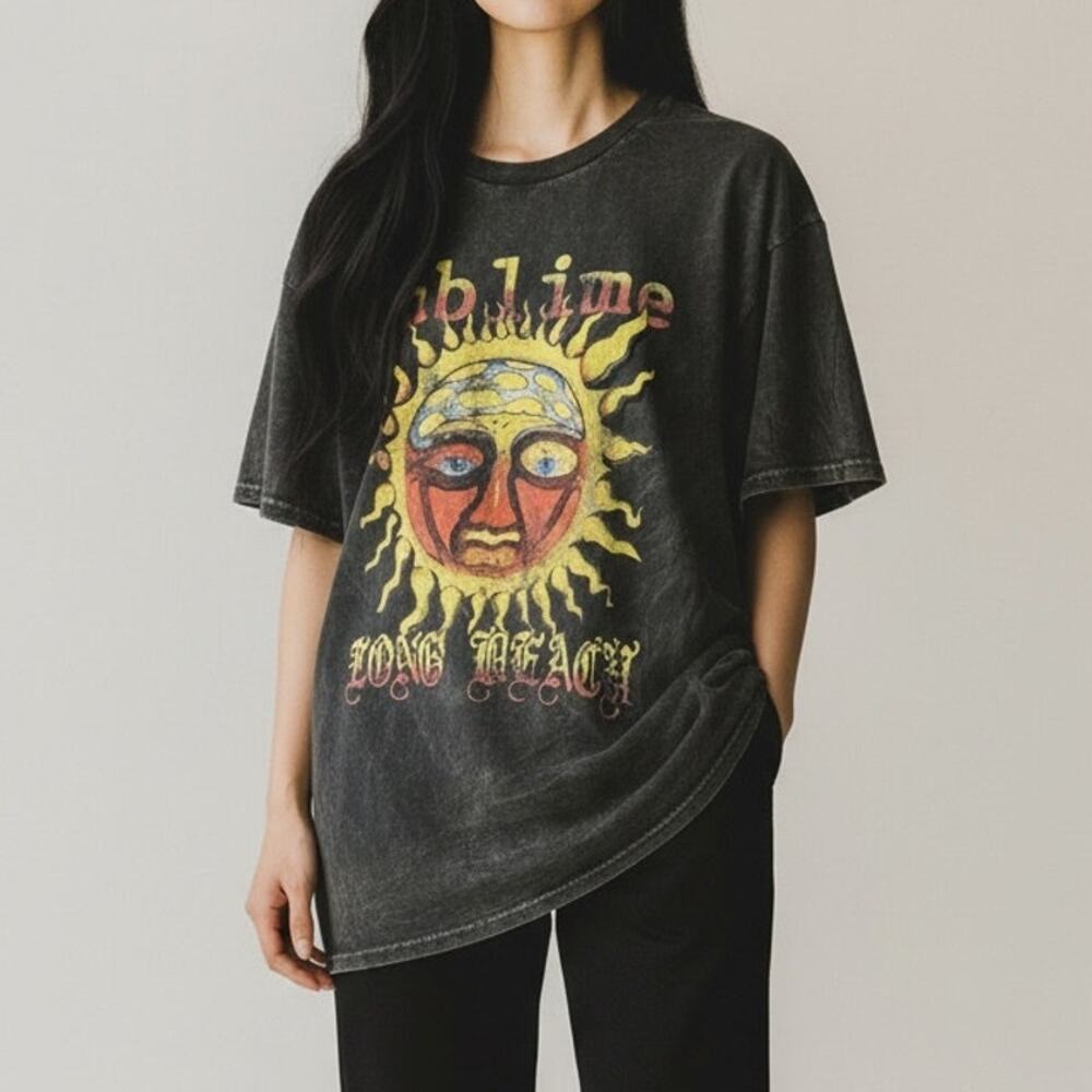 Vintage Style Sublime Long Beach Short Sleeve Crew Neck T Shirt Unisex L Grey